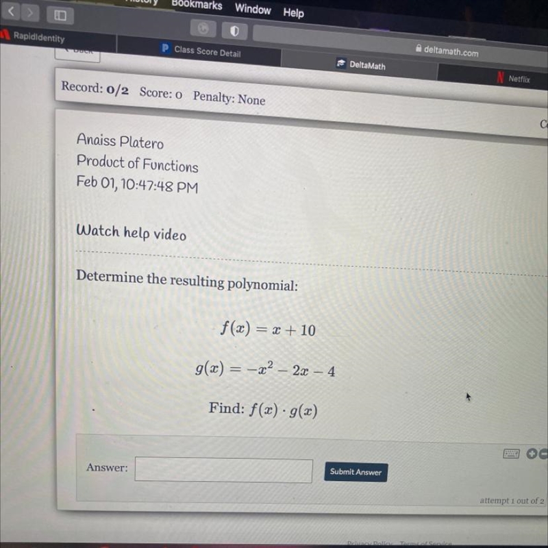 Determine the resulting polynomial: f(x) = x + 10 g(x) = -22 – 2x – 4 Find: f(x) g-example-1