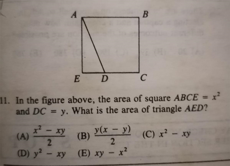 In the figure above, the area of square ABCE=x^2 and DC=y. What is the area of triangle-example-1