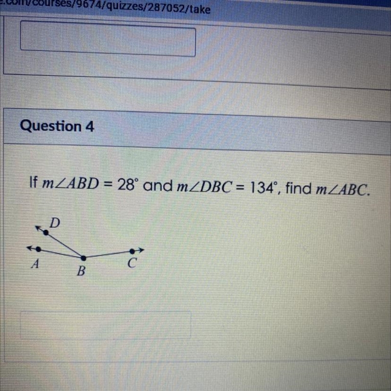 If mABD = 28° and mDBC = 134°, find mABC.-example-1