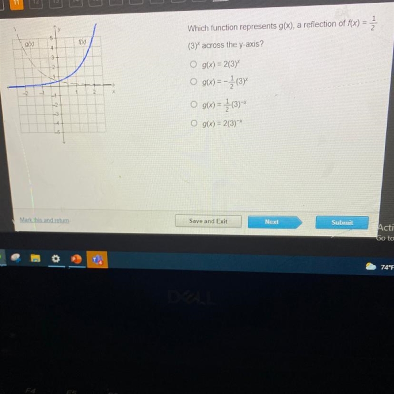 Which function represents g(x), a refection￼ of f(x)=1/2(3)^x across the y-axis-example-1