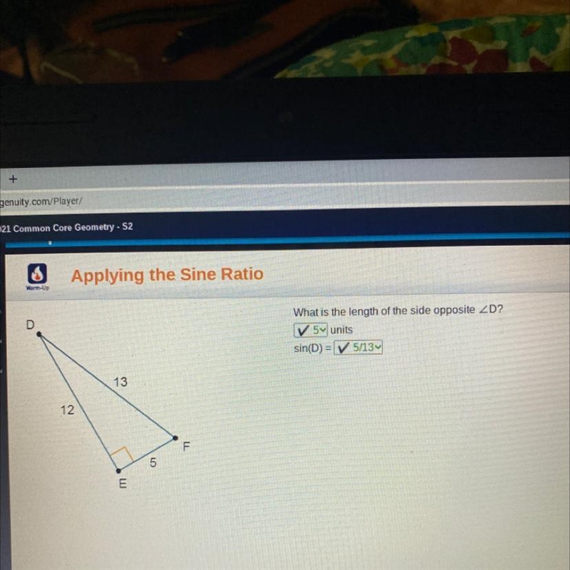 What is the length of the side opposite D? units= sin(D) = Applying the Sine Ratio-example-1