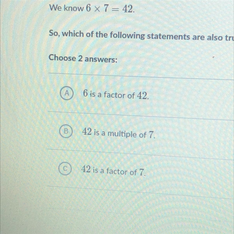 Which are the following statements is 6×7 = 42-example-1