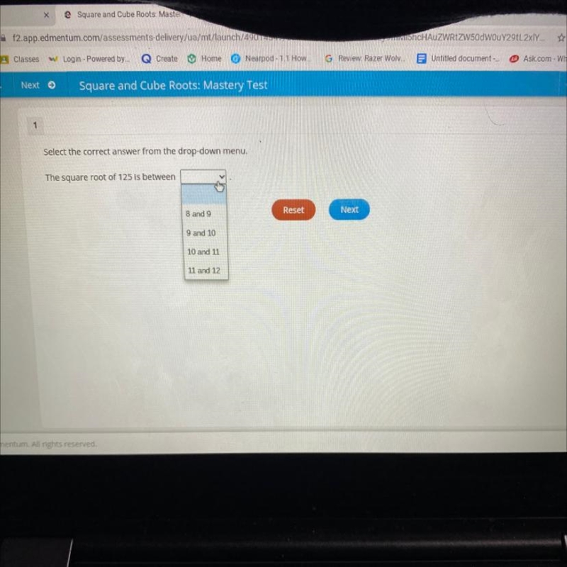 Select the correct answer from the drop down menu, The square root of 125 is between-example-1