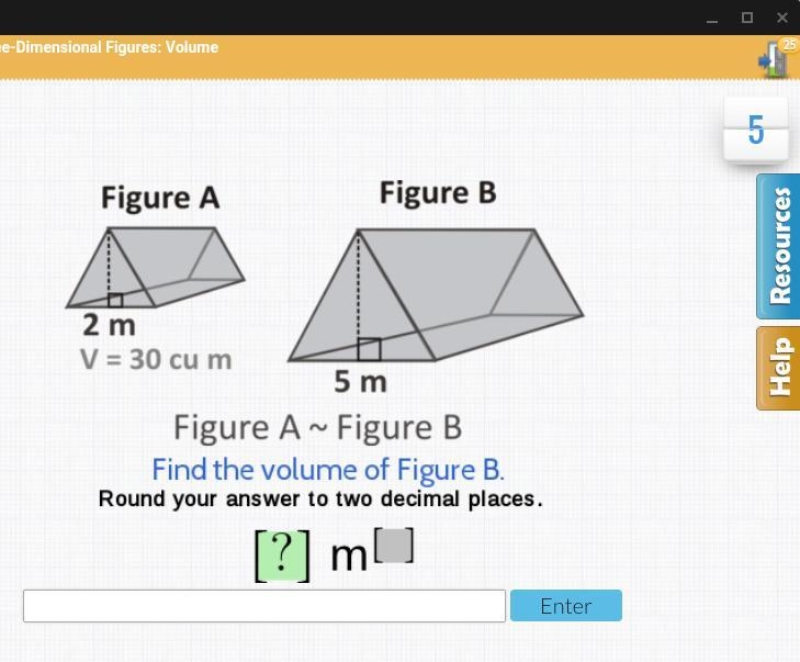 Find the volume of figure b triangular base=2 v=30 triangular base=5-example-1