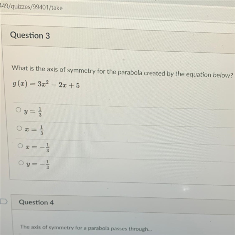 What is the axis of symmetry for the parabola created by the equation below? g(x) = 3x-example-1