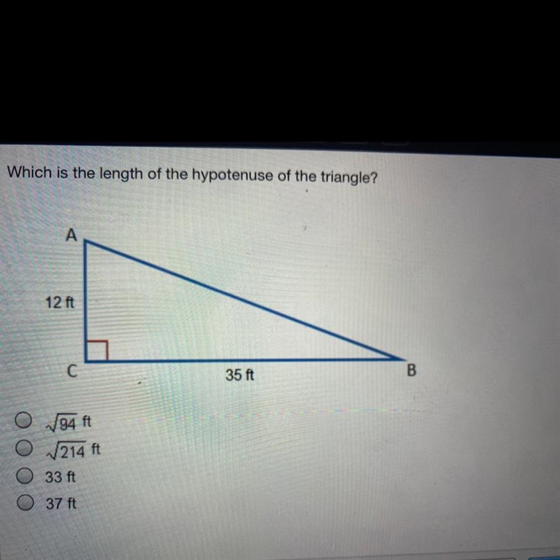 Which is the length of the hypotenuse of the triangle?-example-1