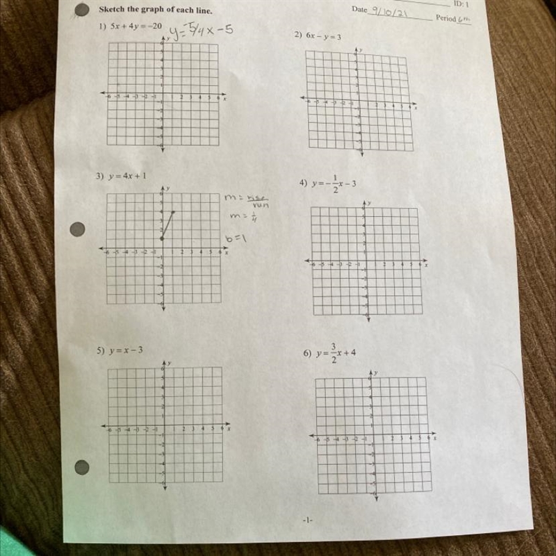 Linear functions Sketch the graph of each line. 1) 5x+ 4y=-20 2) 6x - y = 3 3) y = 4x-example-1