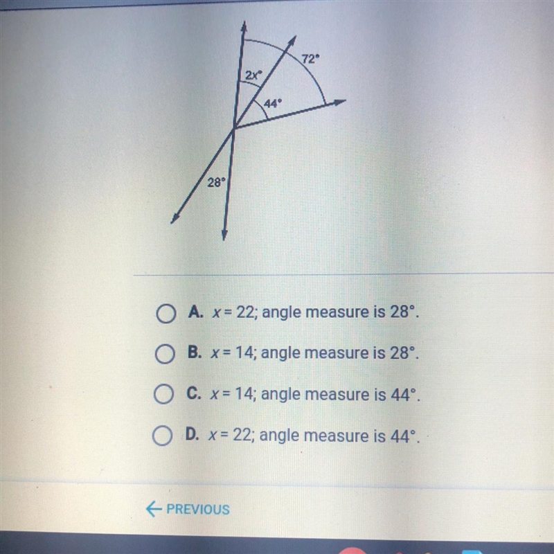 Find the value of x and the measure of the angle labeled 2x .-example-1