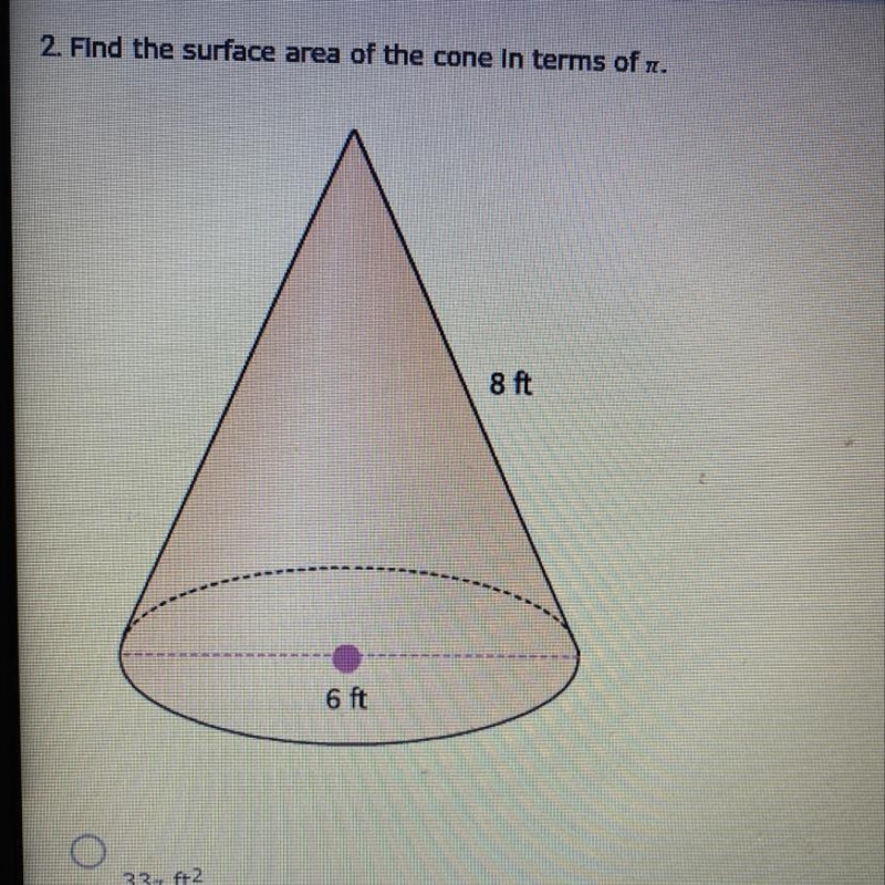 2. Find the surface area of the cone in terms of pi. A. 33pi ft B. 60pi ft C. 53pi-example-1