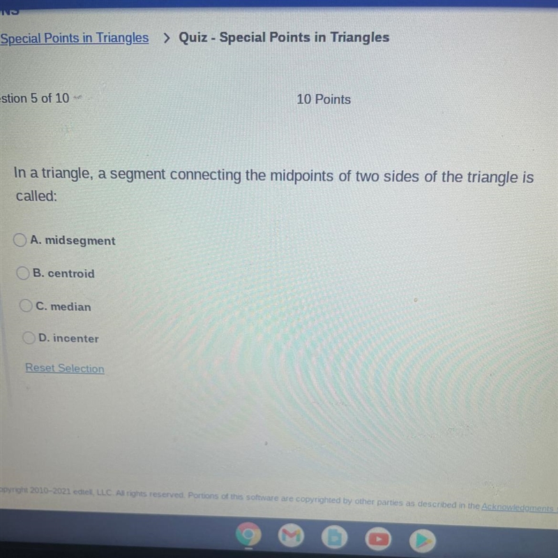 In a triangle, a segment connecting the midpoints of two sides of the triangle is-example-1