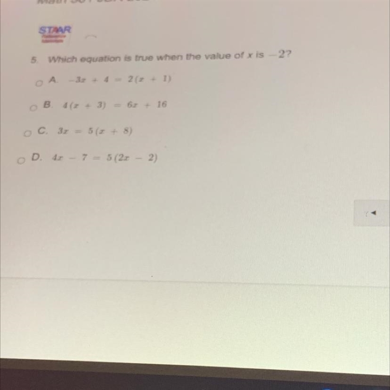 5. Which equation is true when the value of x is -2 Helppppp-example-1