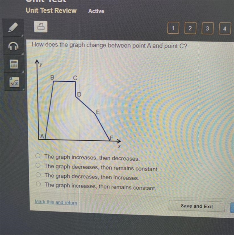 How does the graph change between point A and point C? O The graph increases, then-example-1