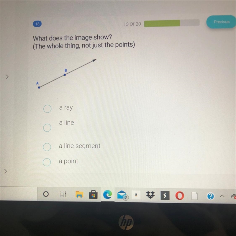 What does the image show? (The whole thing, not just the points) ns a ray O O a line-example-1