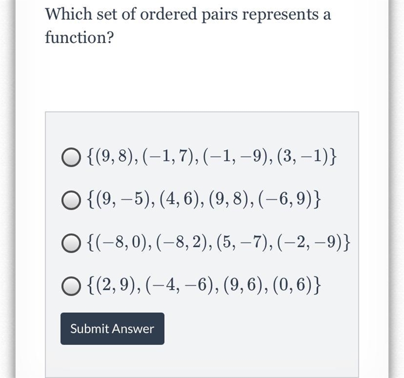 Which set of ordered pairs represents a function-example-1