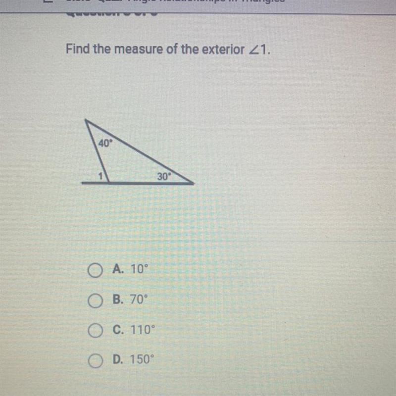 Find the measure of the exterior 21. A. 10° B. 70° C. 110° D. 150°-example-1