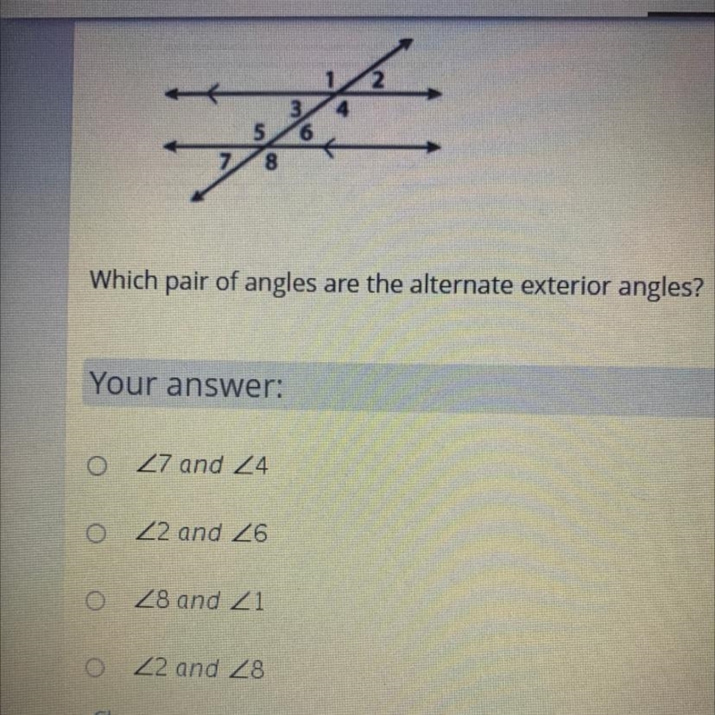 Which pair of angles are the alternate exterior angles?-example-1