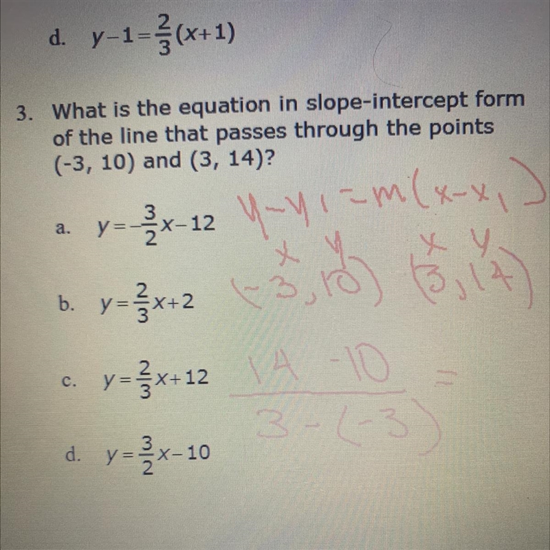 What is the equation in slope-intercept form of the line that passes through the points-example-1