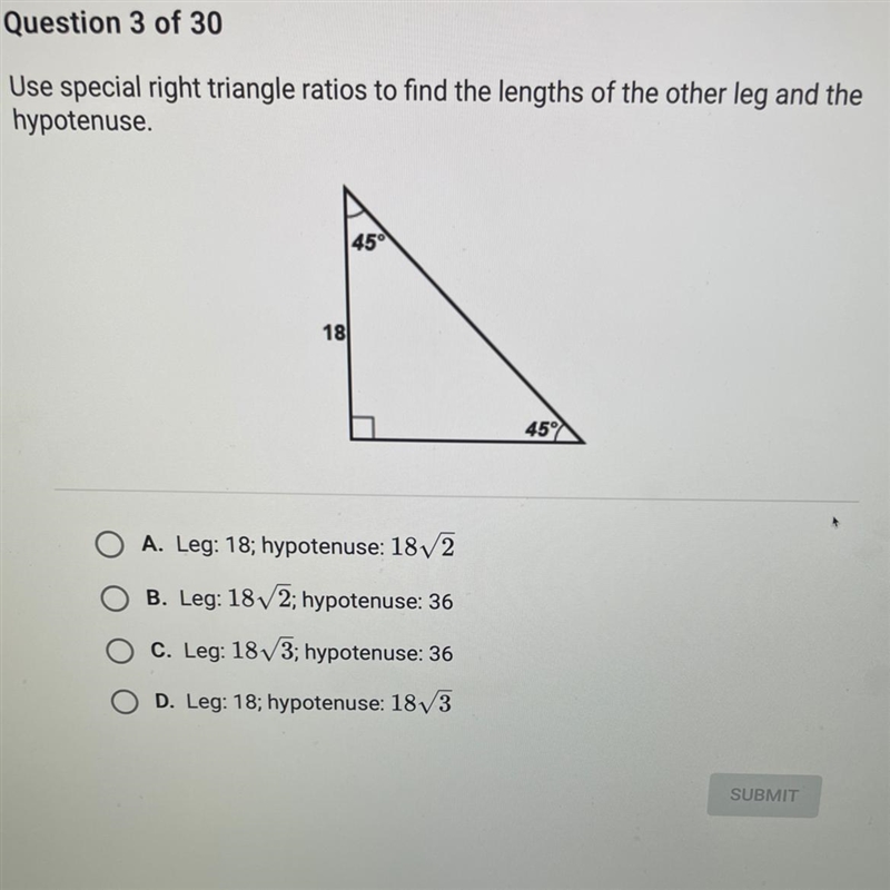 Use special right triangle ratios to find the lengths of the other leg and the hypotenuse-example-1