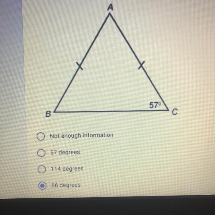 3) Given the isosceles triangle below, what is the measure of angle A?-example-1