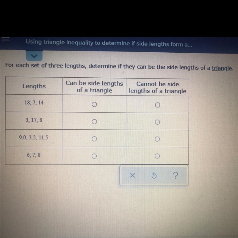 For each set of three lengths determine if they can be the side lengths of a triangle-example-1