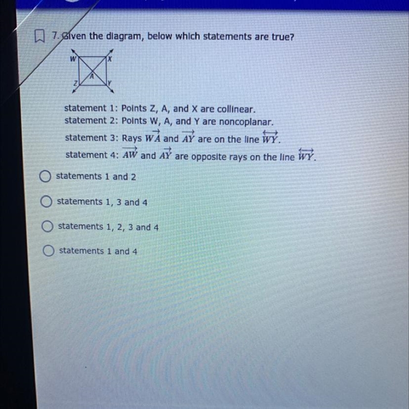 PLEASE HELP I SUCK AT MATH 7. Given the diagram, below which statements are true? statement-example-1