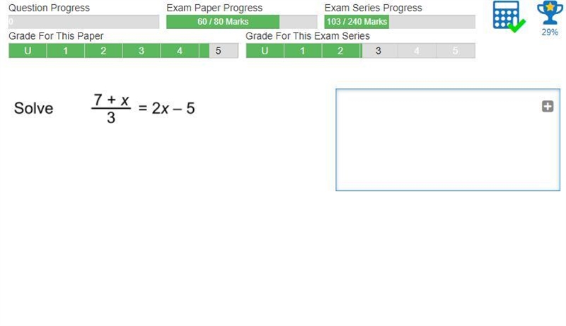 Please help me = solve 7+x/3 = 2x-5-example-1