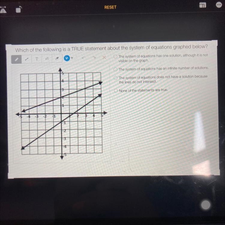 Wich of the following is a TRUE statement about the system of equations graphed below-example-1