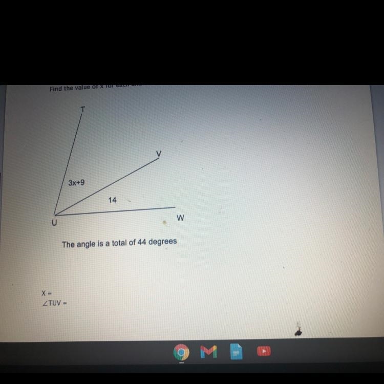 T V 3x+9 14 U 3 The angle is a total of 44 degrees X= ZTUV =-example-1