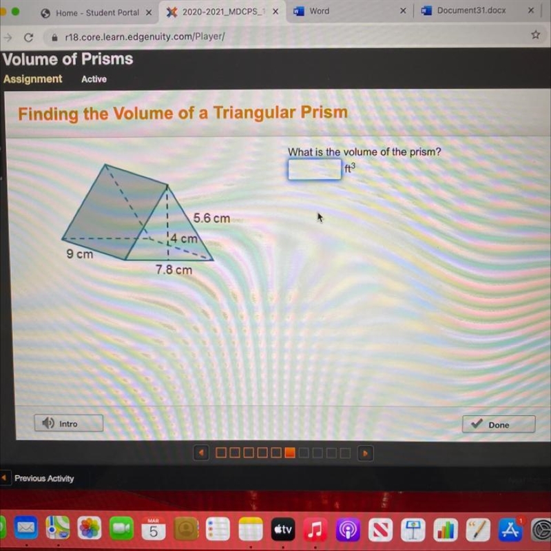 What is the volume of the prism? 5.6 cm cm 9 cm 7.8 cm-example-1