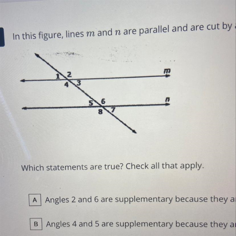 Please help me! In this figure, lines m and n are parallel and are cut by a transversal-example-1