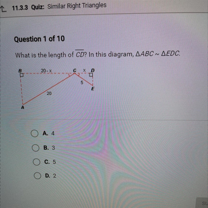 What is the length of CD? In this diagram, AABC ~ AEDC.-example-1