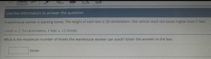 A warehouse worker is stacking boxes. The height of each box is 20 centimeters. She-example-1