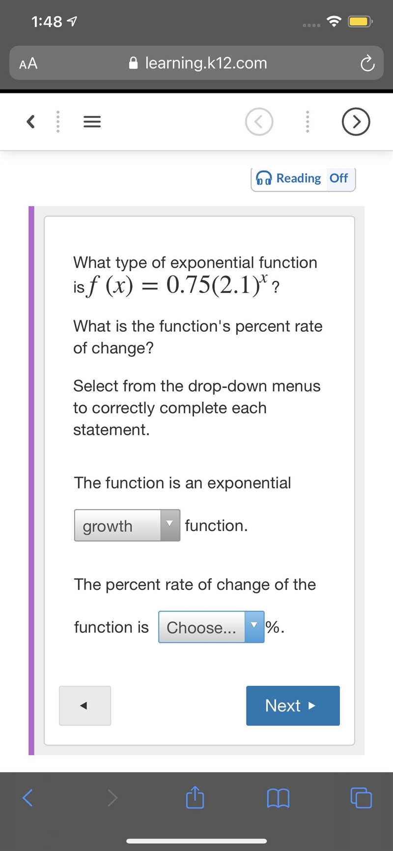 What type of exponential function is f(x)=0.75(2.1)x What is the function's percent-example-1