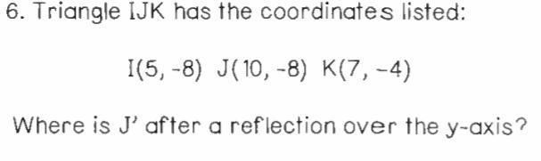 Triangle IJK has the coordinates listed: Where is J' after a reflection over the y-example-1