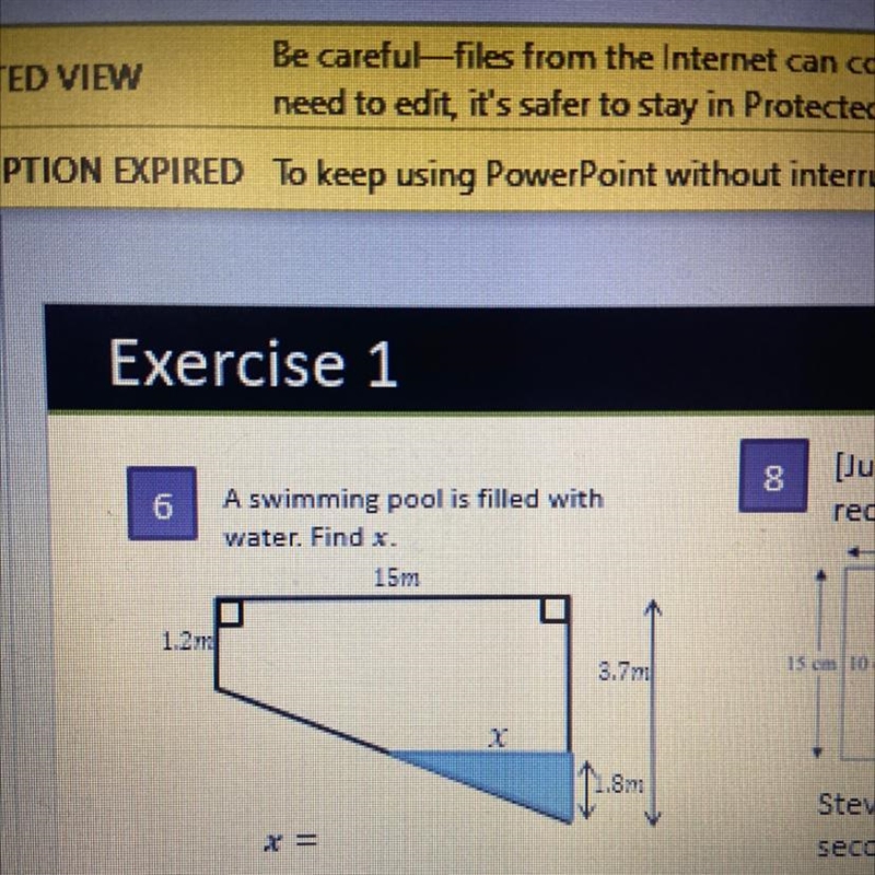 A swimming pool is filled with water. Find .. 15m 1.2 3.7m 1.89-example-1