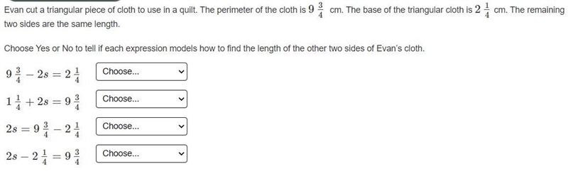 Evan cut a triangular piece of cloth to use in a quilt. The perimeter of the cloth-example-1