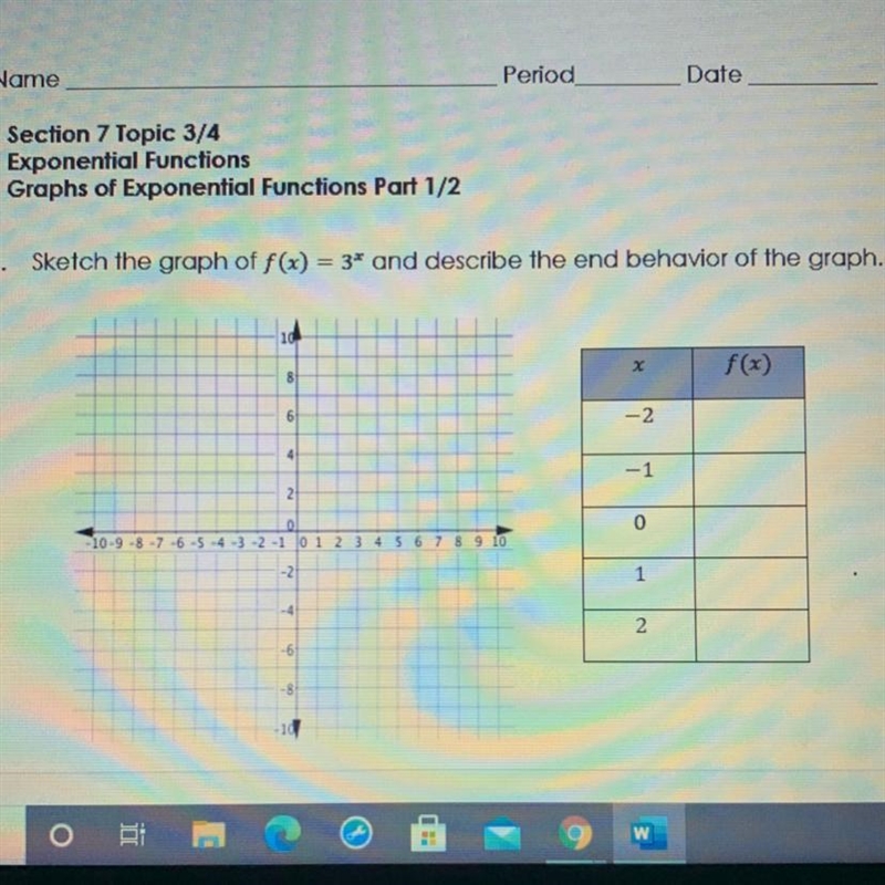 1. Sketch the graph of f(x) = 3* and describe the end behavior of the graph. id X-example-1