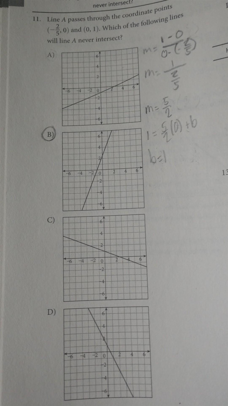 Line A passes through the coordinate points (-2/5,0) and (0,1). Which of the following-example-1