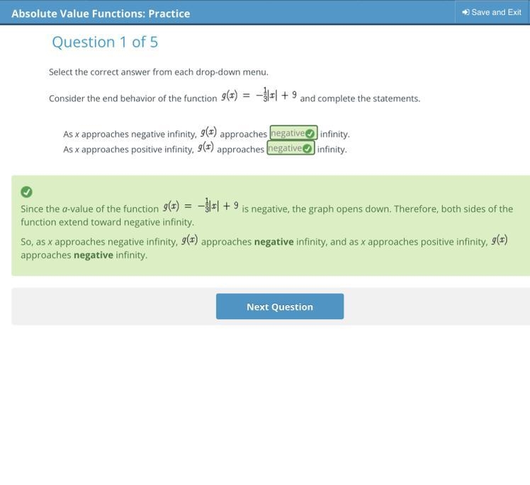 Consider the end behavior of the function g(x)=-1/3|x|+9 and complete the statements-example-1