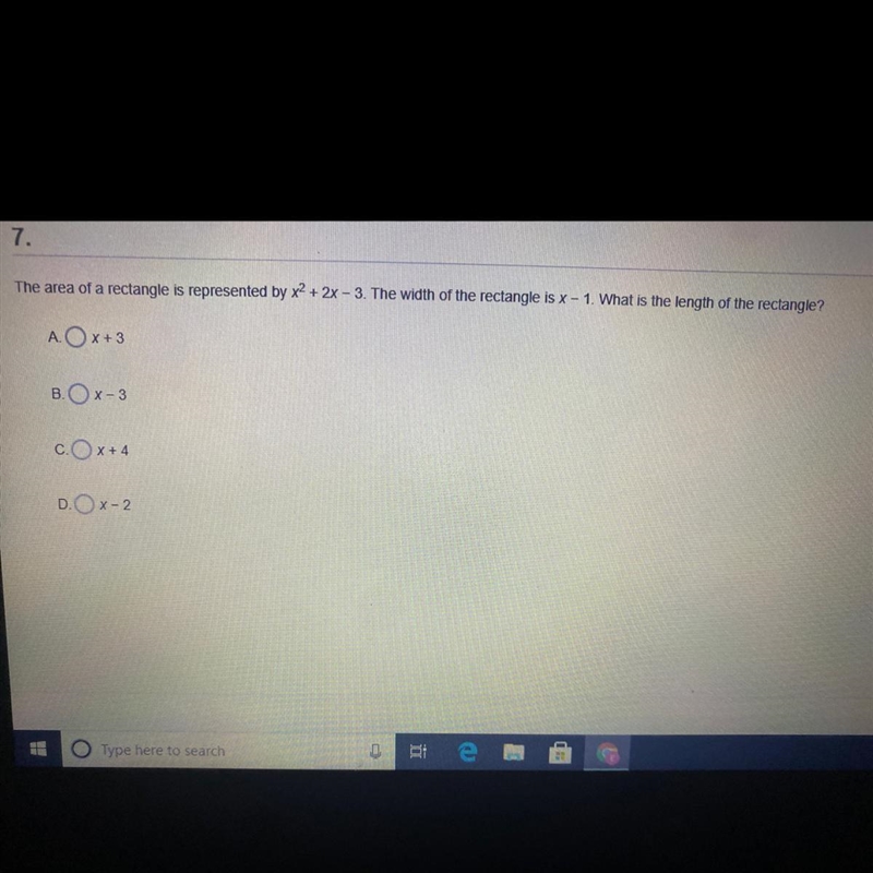 The area of a rectangle is represented by x2 + 2x - 3. The width of the rectangle-example-1