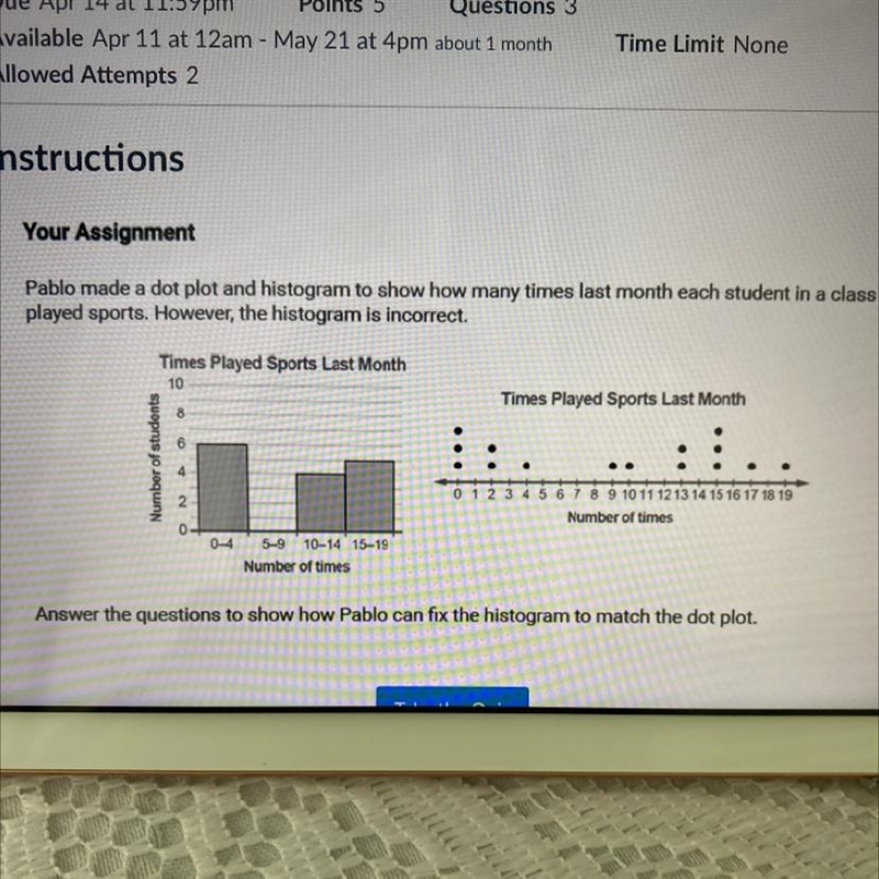 Pablo made a dot plot and histogram to show how many times last month each student-example-1