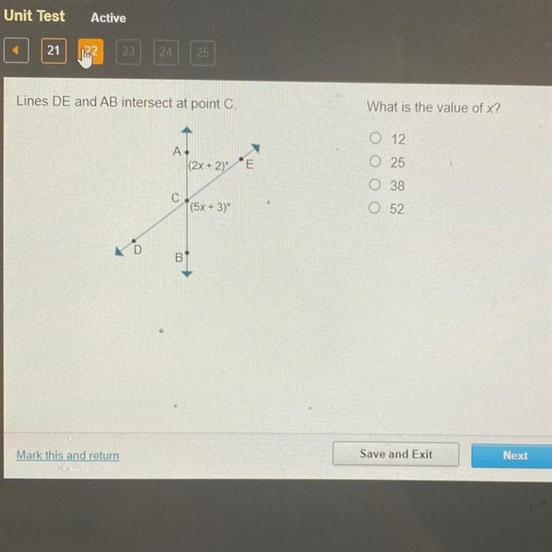 Lines DE and AB intersect at point￼￼ C.What is the value of x?-example-1