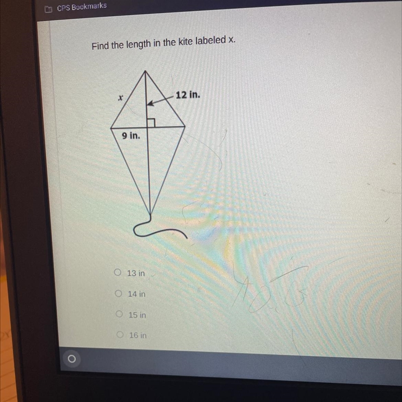 Find the length in the kite labeled x 12 in. 9 in. 13 in-example-1