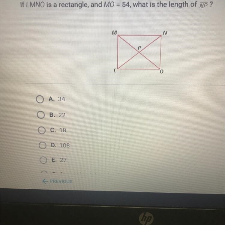 If LMNO is a rectangle, and MO=54, what is the length of line NP? answers a.) 34 b-example-1