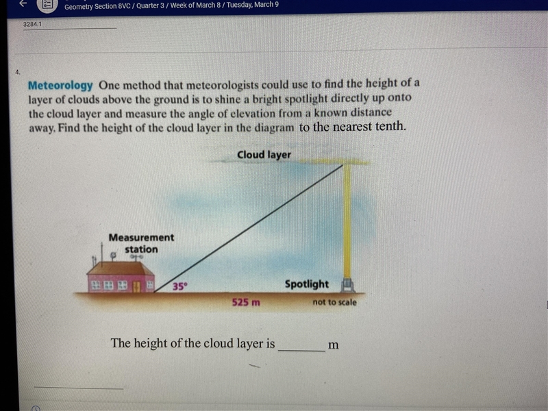 PLEASE HELP FAST!! One method that meteorologists could use to find the height of-example-1