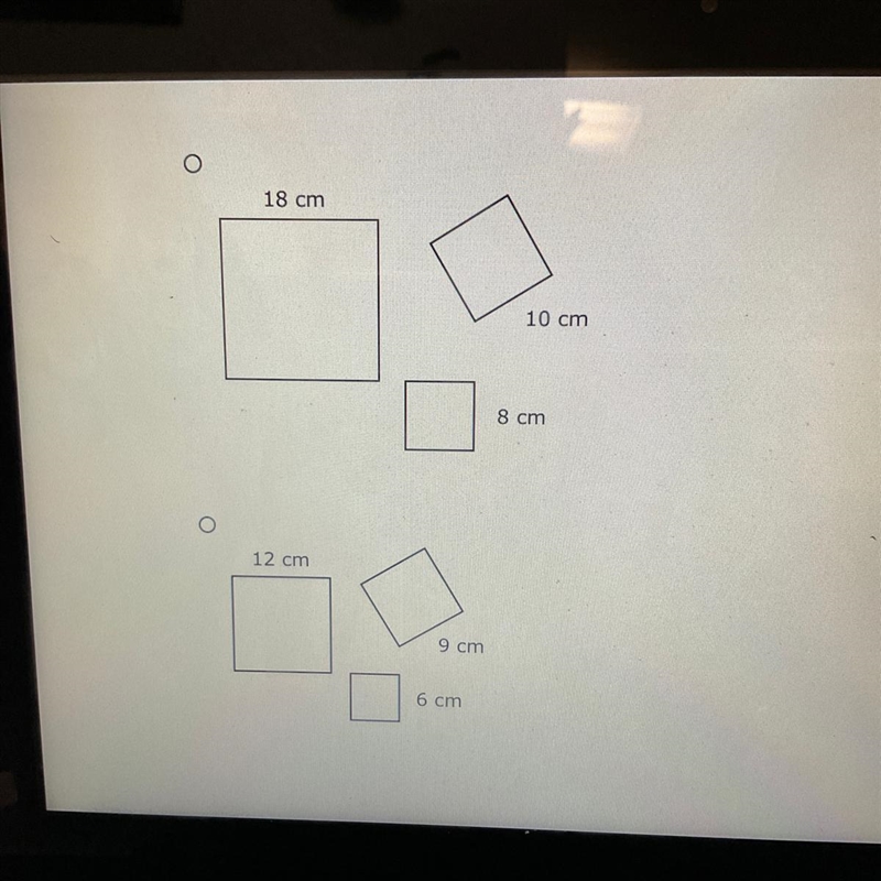 Which group of three squares will form a right triangle when joined at their vertices-example-1