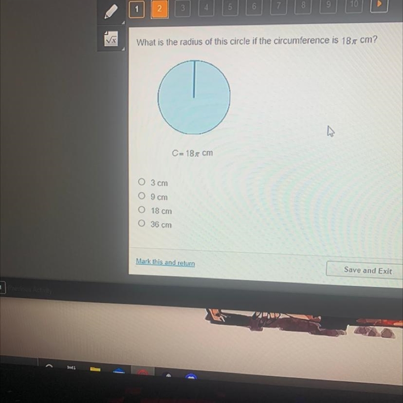 What is the radius of this circle of the circumference is 18pi cm?-example-1