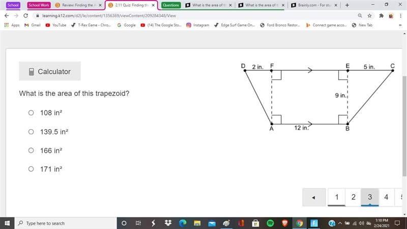 What is the area of this trapezoid? 108 in² 139.5 in² 166 in² 171 in²-example-1