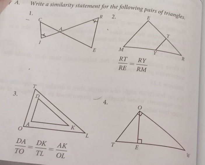 Write a similarity statement for the following pairs of triangle. Please answer sensibly-example-1