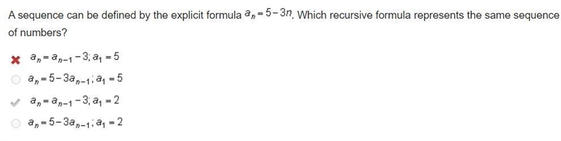 A sequence can be defined by the explicit formula . Which recursive formula represents-example-1